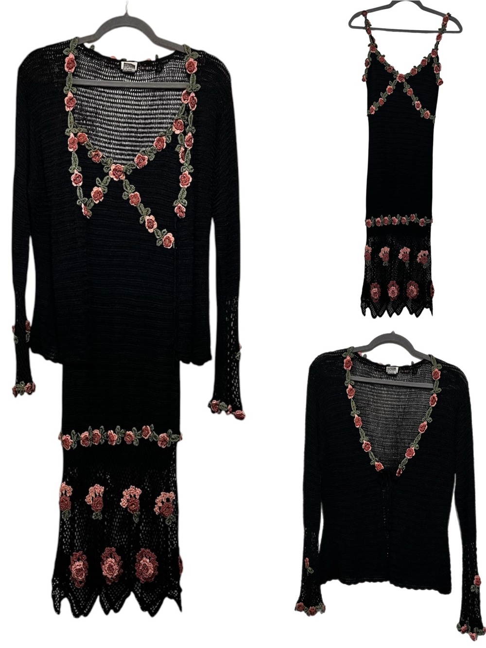 Vintage 90s Y2K Cache Sheer Crochet Floral Beaded Slip Dress & Matching Cardigan